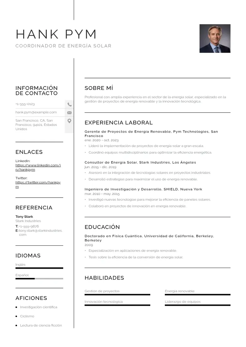 two column coordinador-de-energia-solar resume example