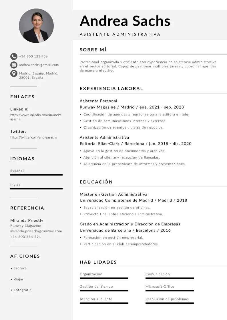 two column cv-de-asistente-administrativa resume example