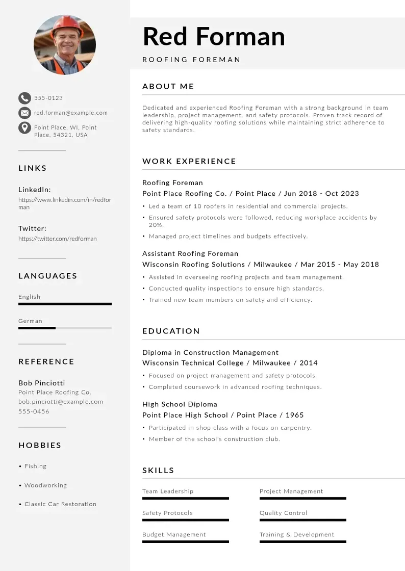 modern Roofing foreman resume resume template