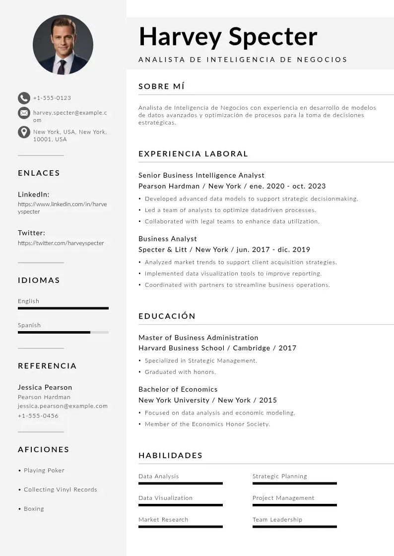 two column analista-de-inteligencia-de-negocios resume example