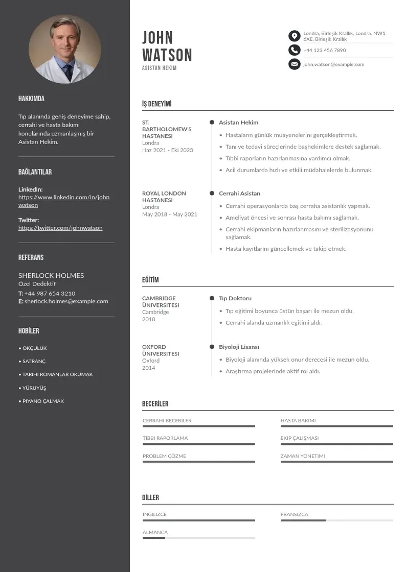 Divu kolonnu Asistan Hekim  CV piemērs