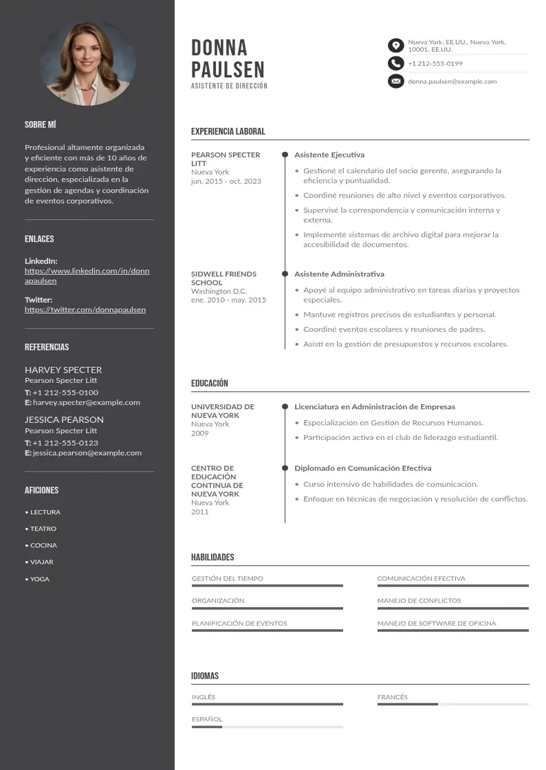 two column asistente-de-direccion resume example