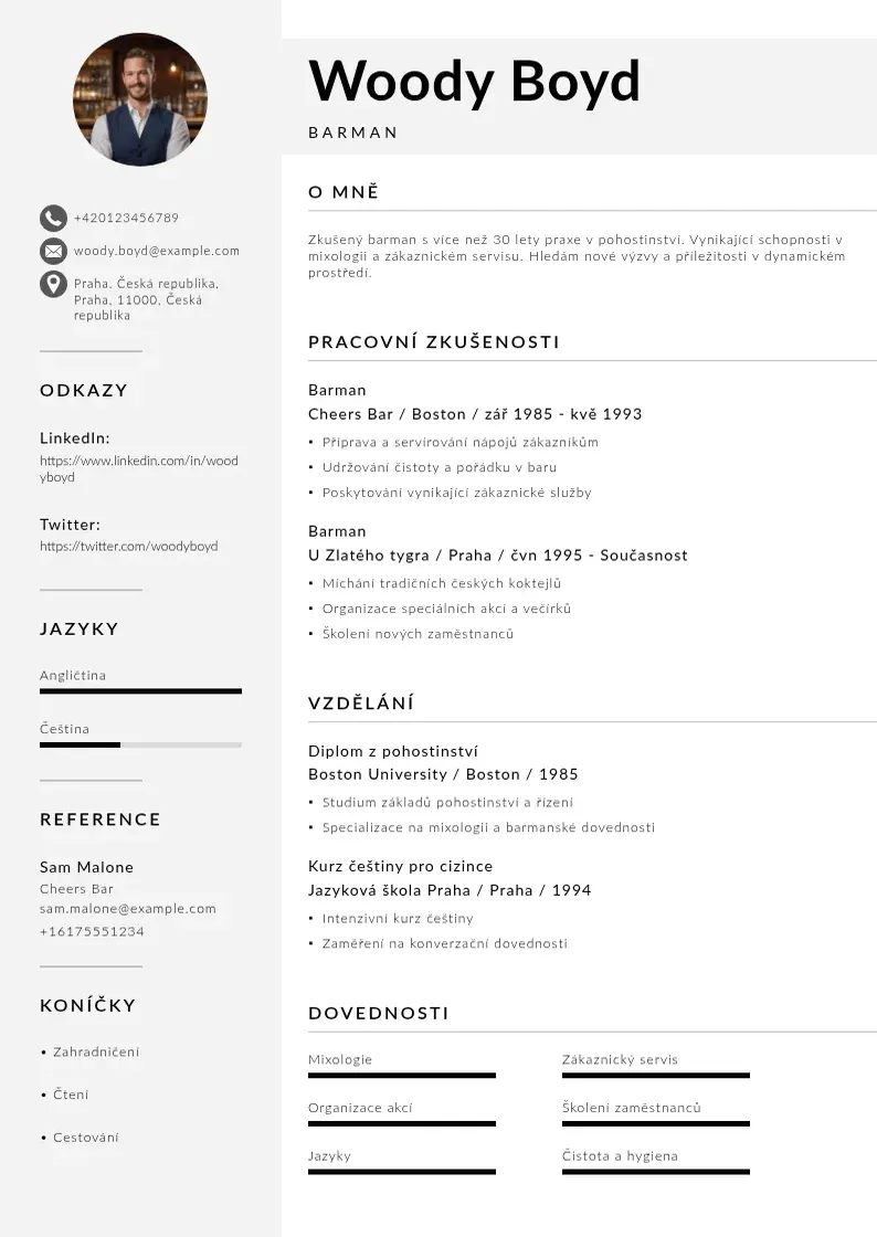 Mūsdienīga Zivotopis barmana CV veidne