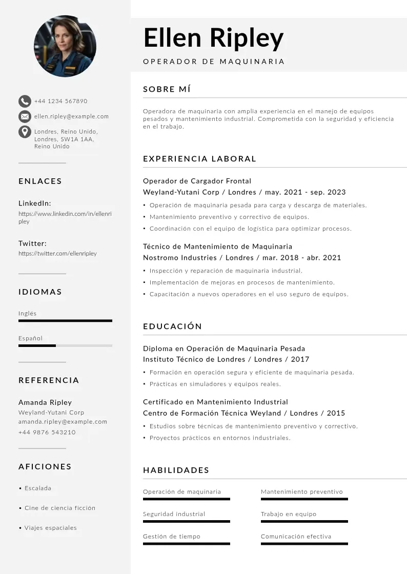 two column cv-operador-de-maquinaria resume example