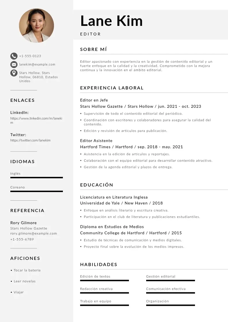 two column cv-editor resume example