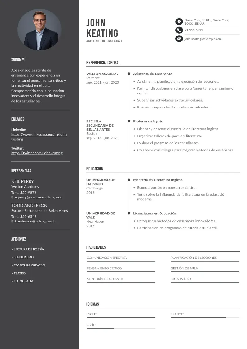two column cv-asistente-de-ensenanza resume example