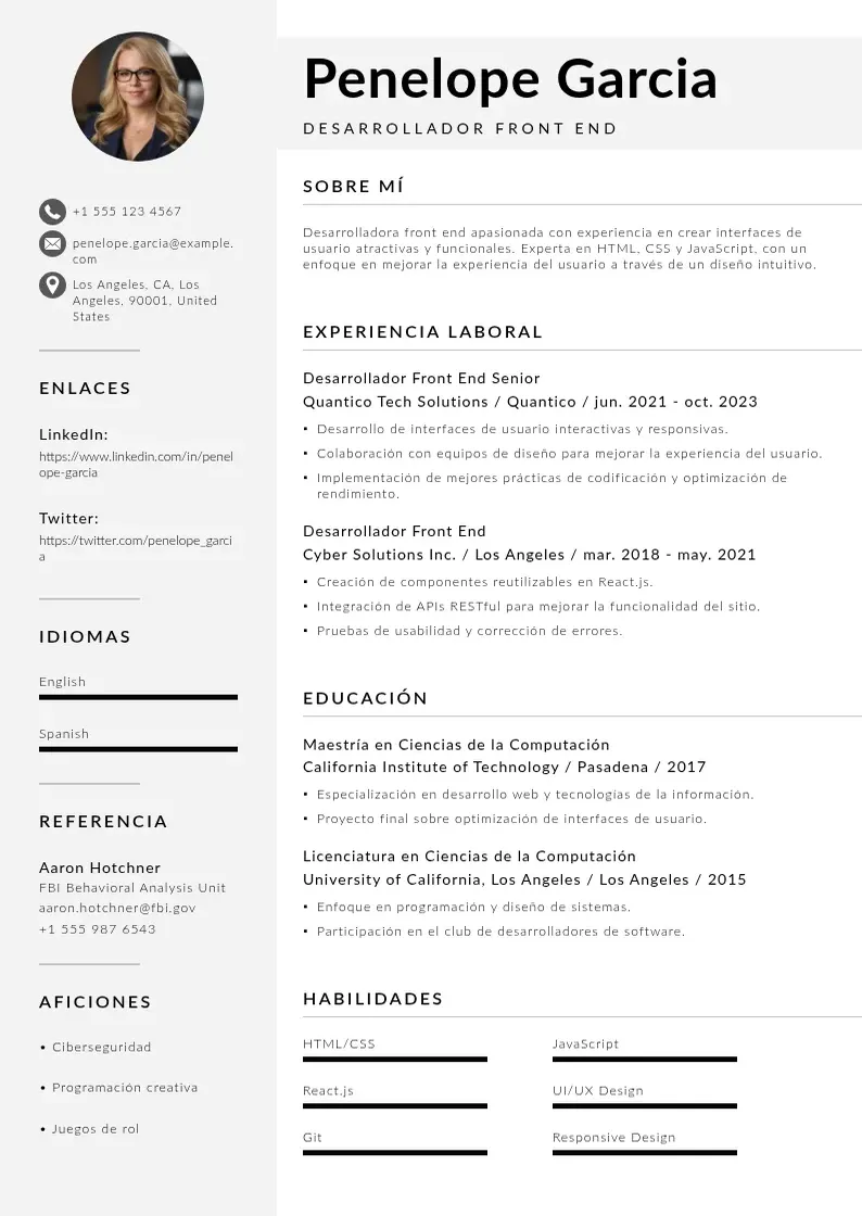 two column cv-desarrollador-front-end resume example
