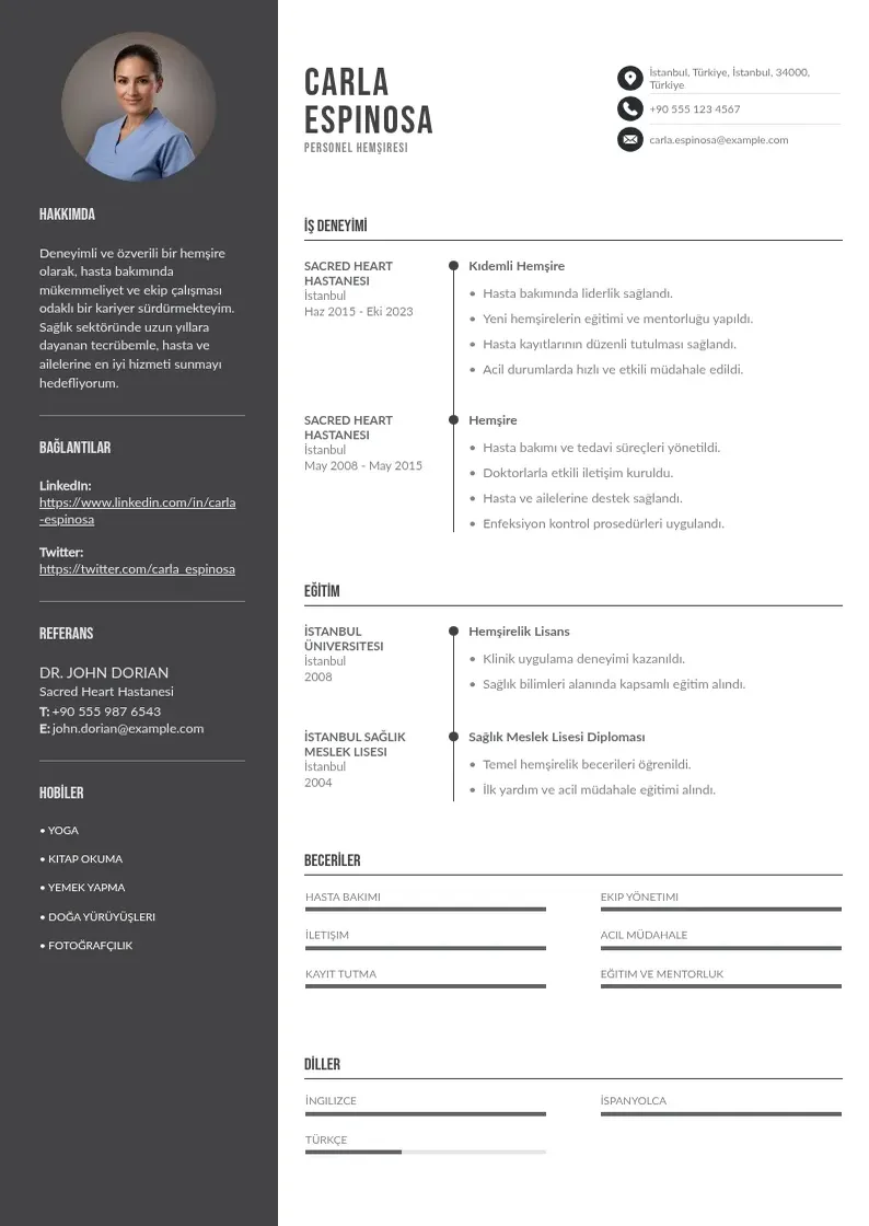 Divu kolonnu Personel Hemşiresi  CV piemērs