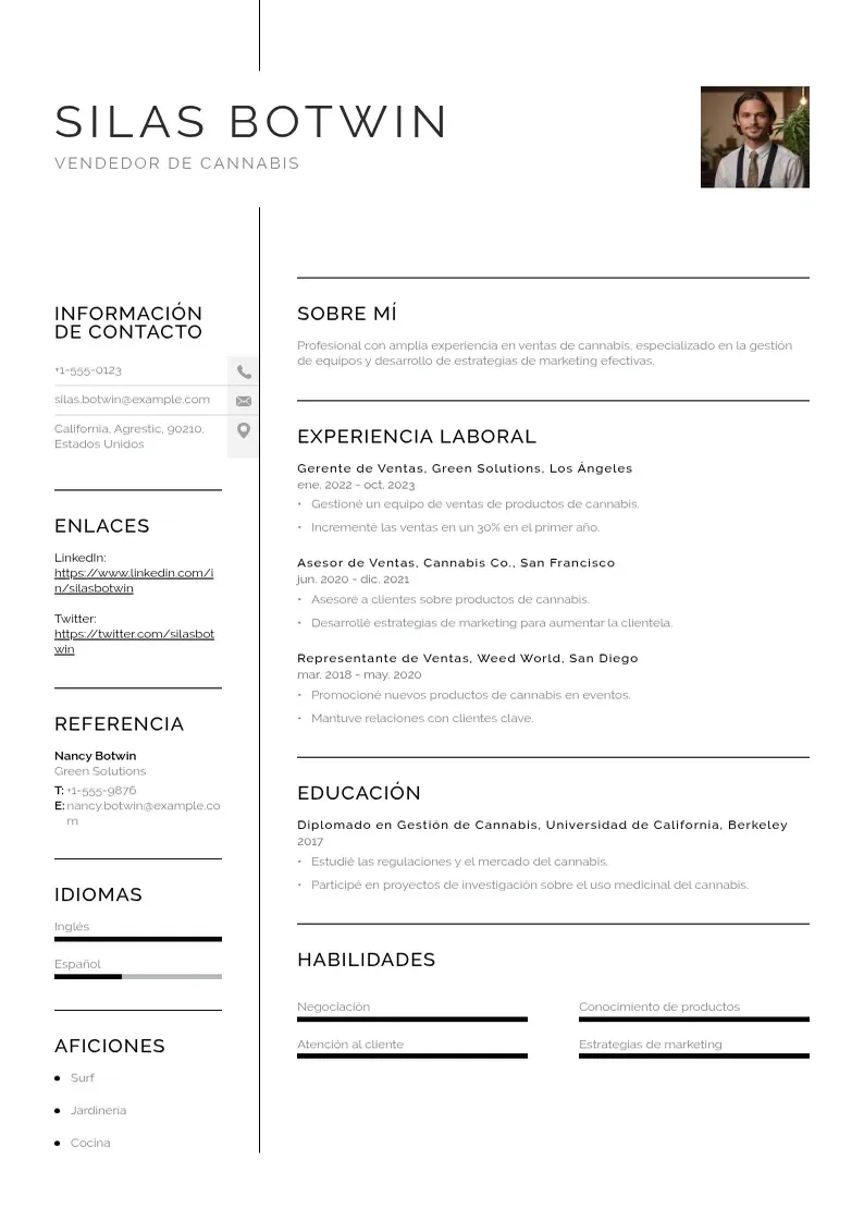 two column vendedor-de-cannabis resume example