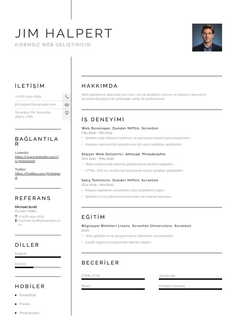 Vienkārša Kıdemsiz Web Geliştiricisi  CV piemērs