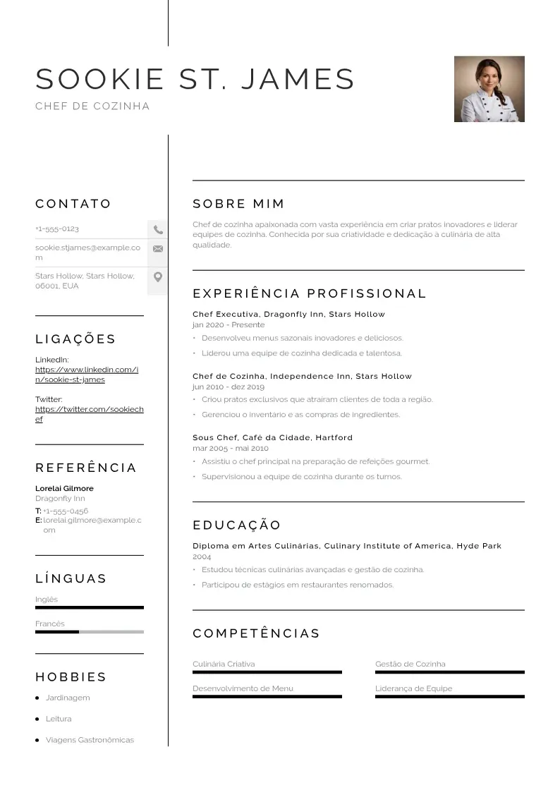 Exemplo de currículo simples de De chef de cozinha