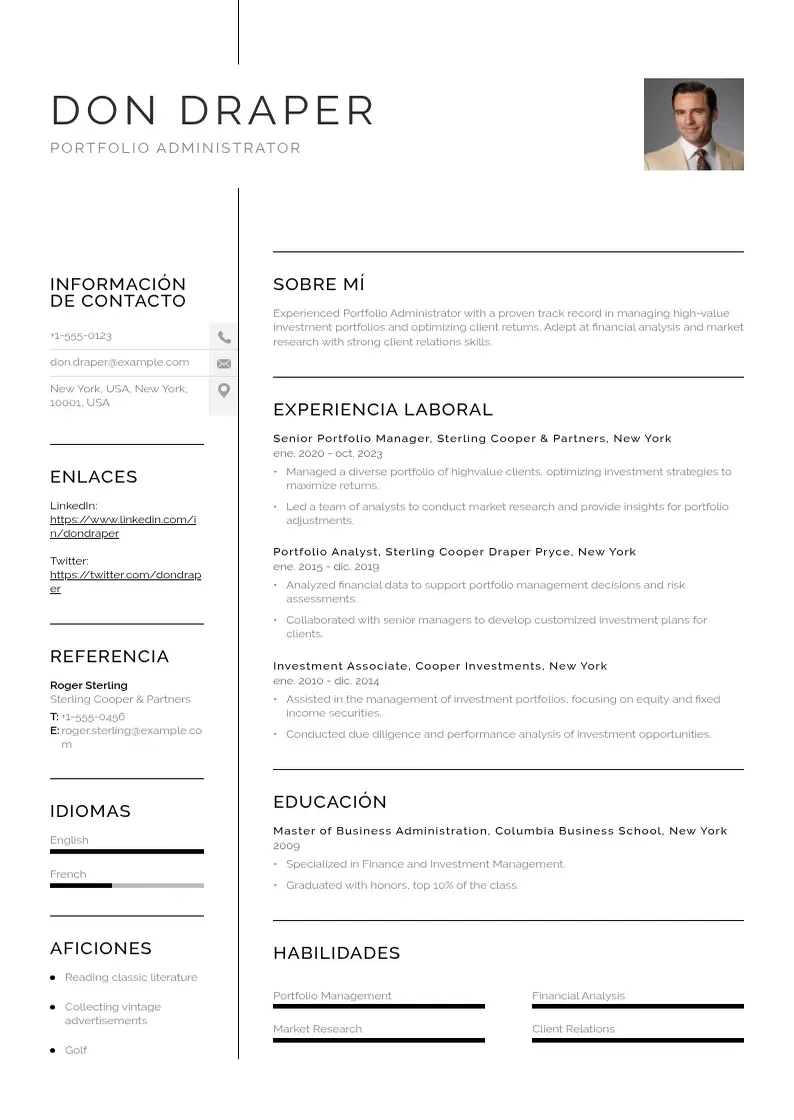 two column administrador-de-portafolio resume example