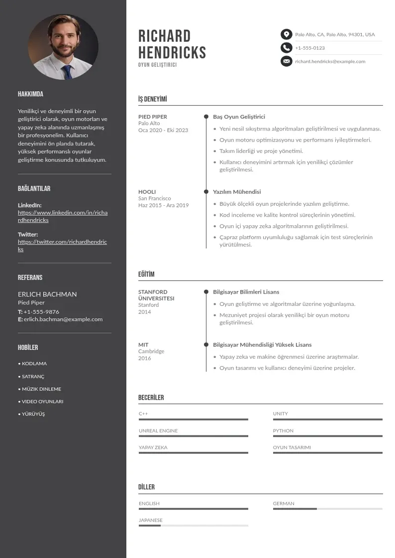 Divu kolonnu Oyun gelistirici si CV piemērs