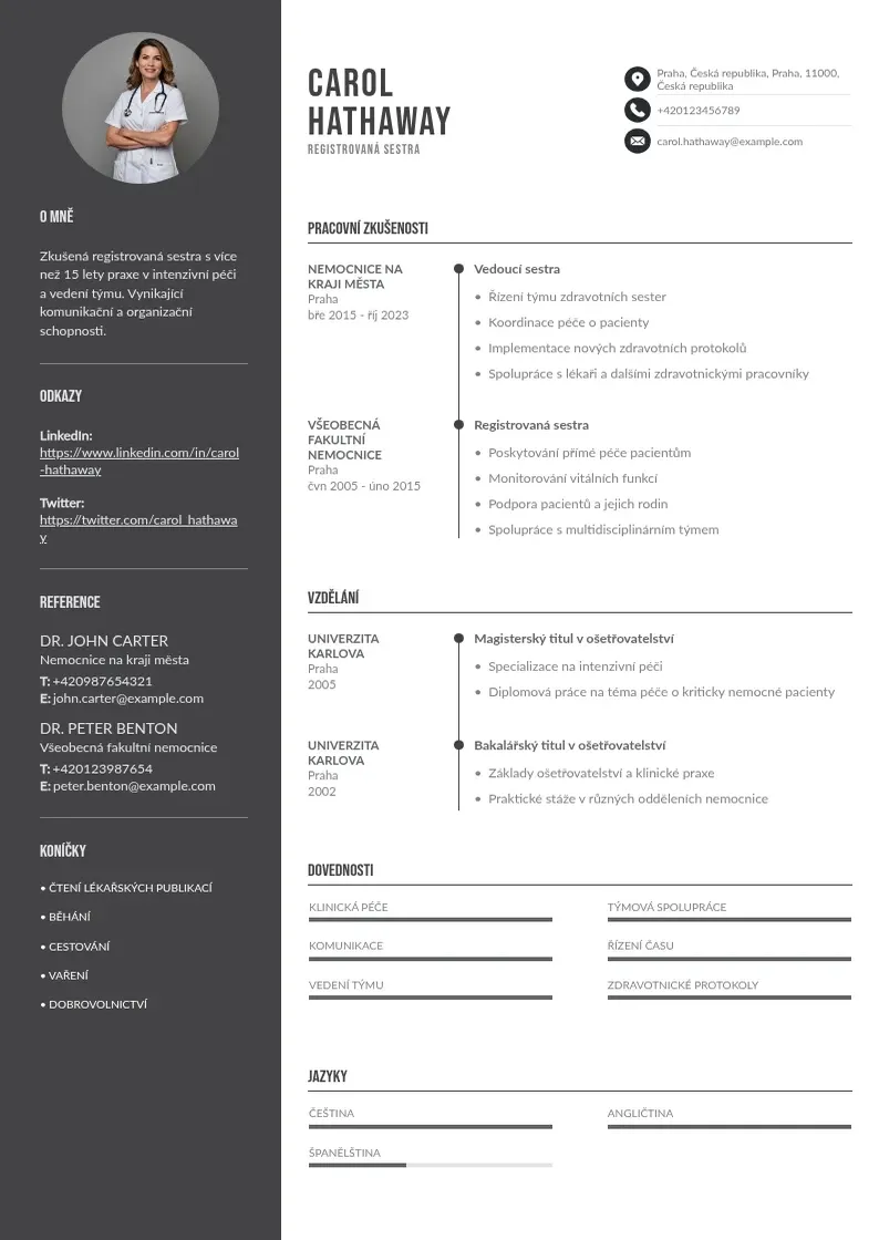 Divu kolonnu Registrovana sestricka  CV piemērs