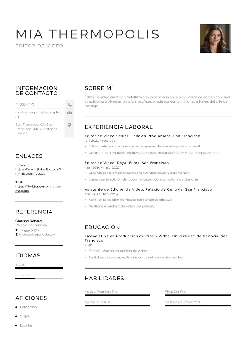 two column cv-editor-de-video resume example