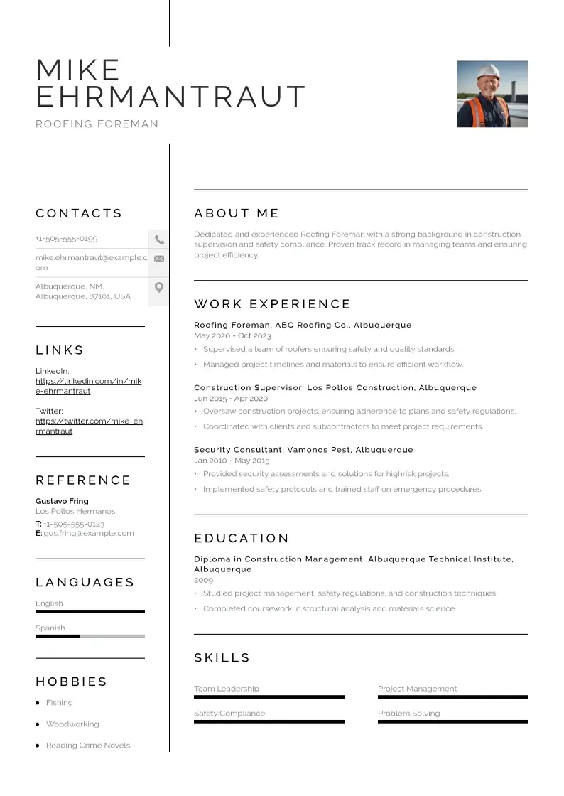 simple Roofing foreman resume resume example
