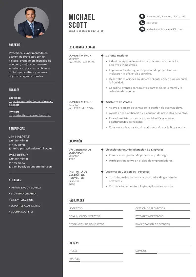 two column cv-gerente-senior-de-proyectos resume example