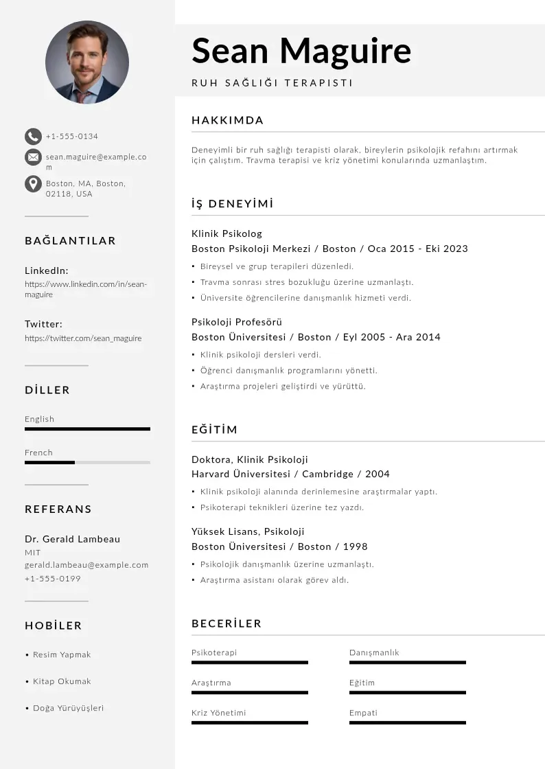 Mūsdienīga Ruh Sağlığı Terapisti  CV veidne