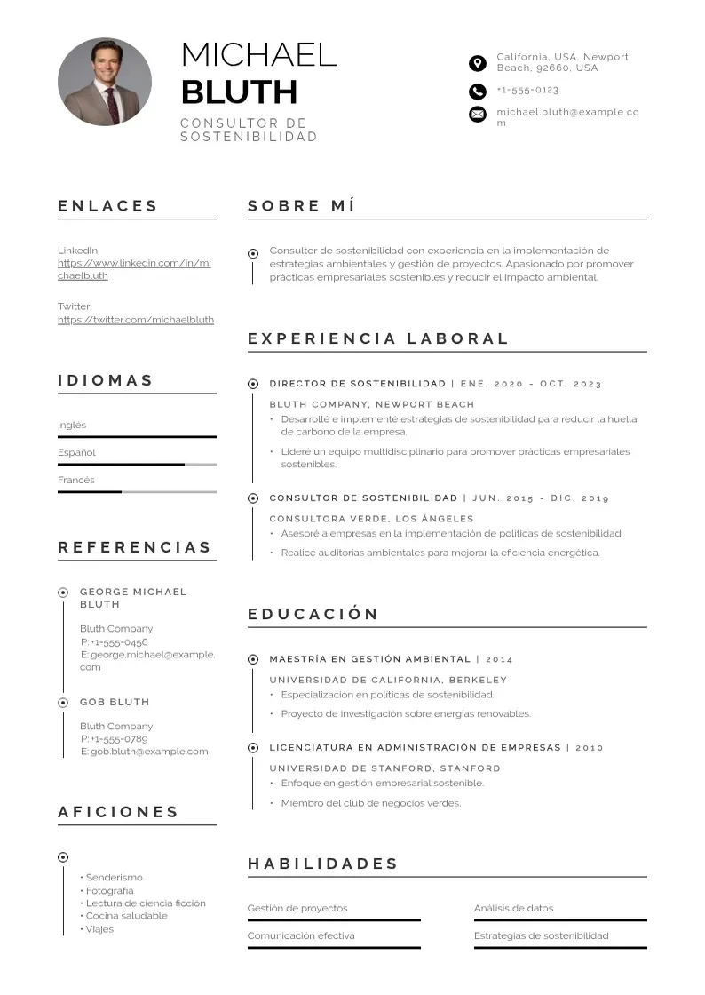 two column consultor-de-sostenibilidad resume example