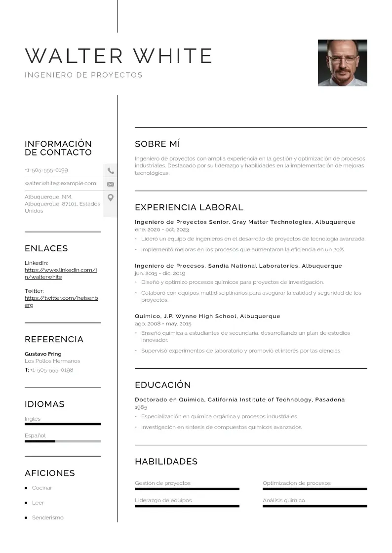 two column cv-ingeniero-de-proyectos resume example