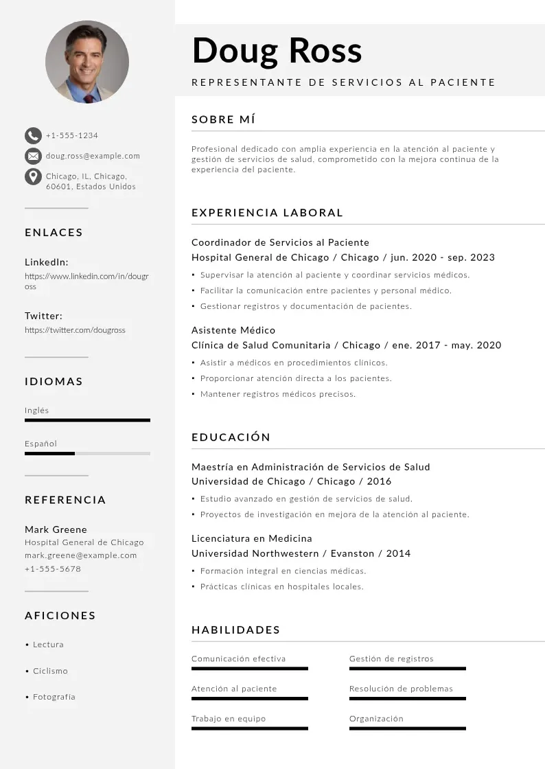 two column representante-de-servicios-al-paciente resume example