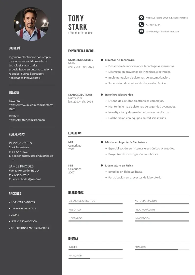 two column tecnico-electronico resume example
