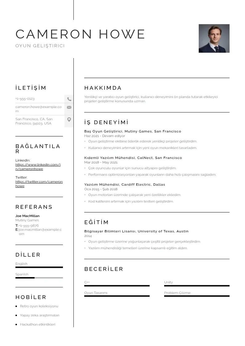 Vienkārša Oyun gelistirici si CV piemērs