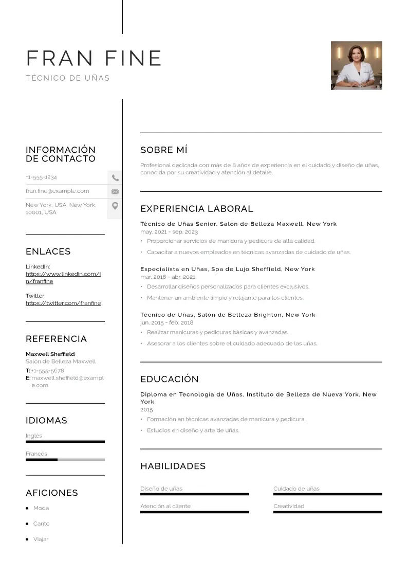 two column cv-tecnico-de-unas resume example