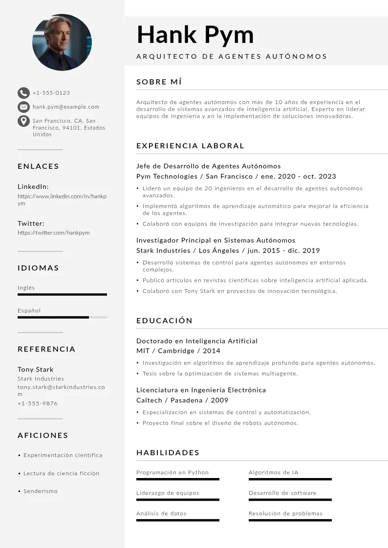 two column cv-de-arquitecto-de-agentes-autonomos resume example