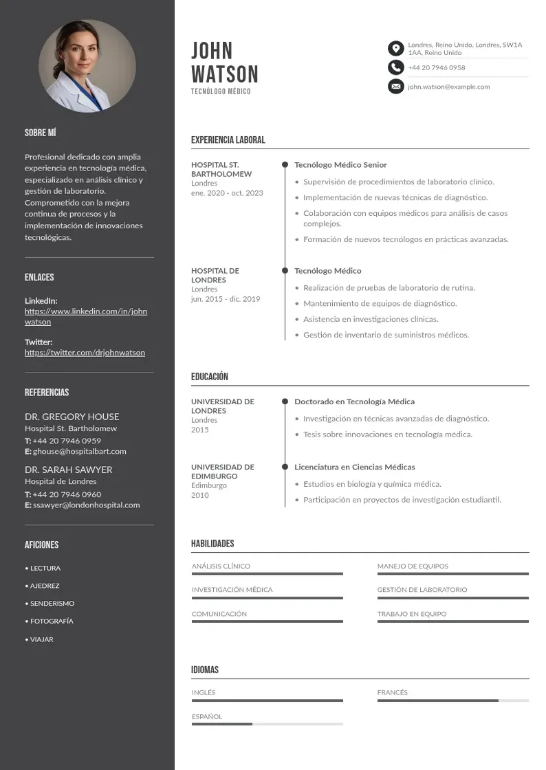 two column cv-tecnologo-medico resume example