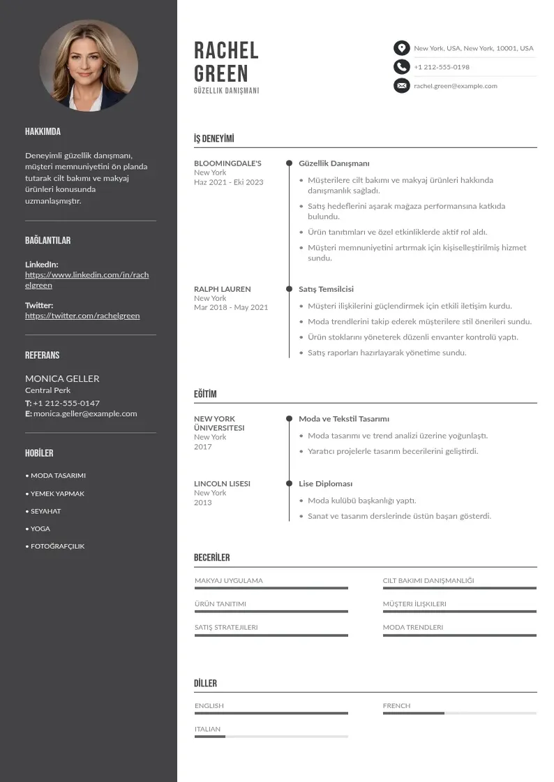 Divu kolonnu Güzellik Danışmanı  CV piemērs
