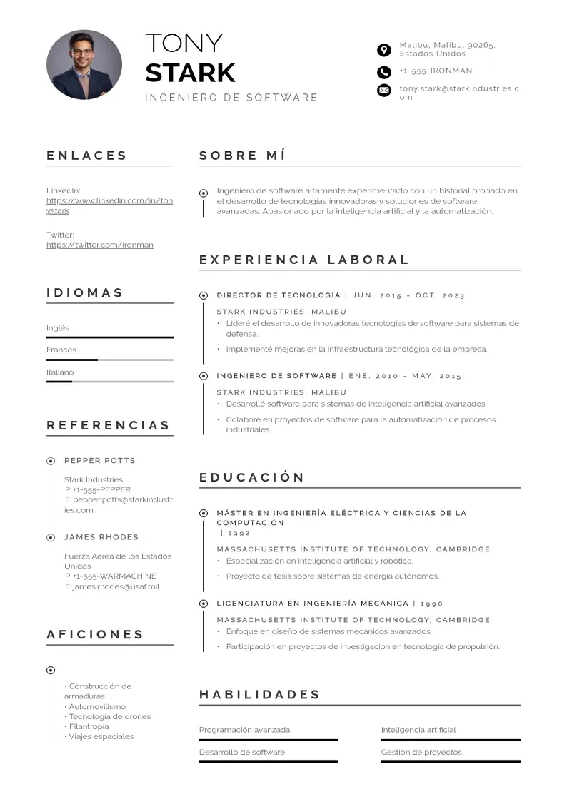 two column cv-ingeniero-de-software resume example