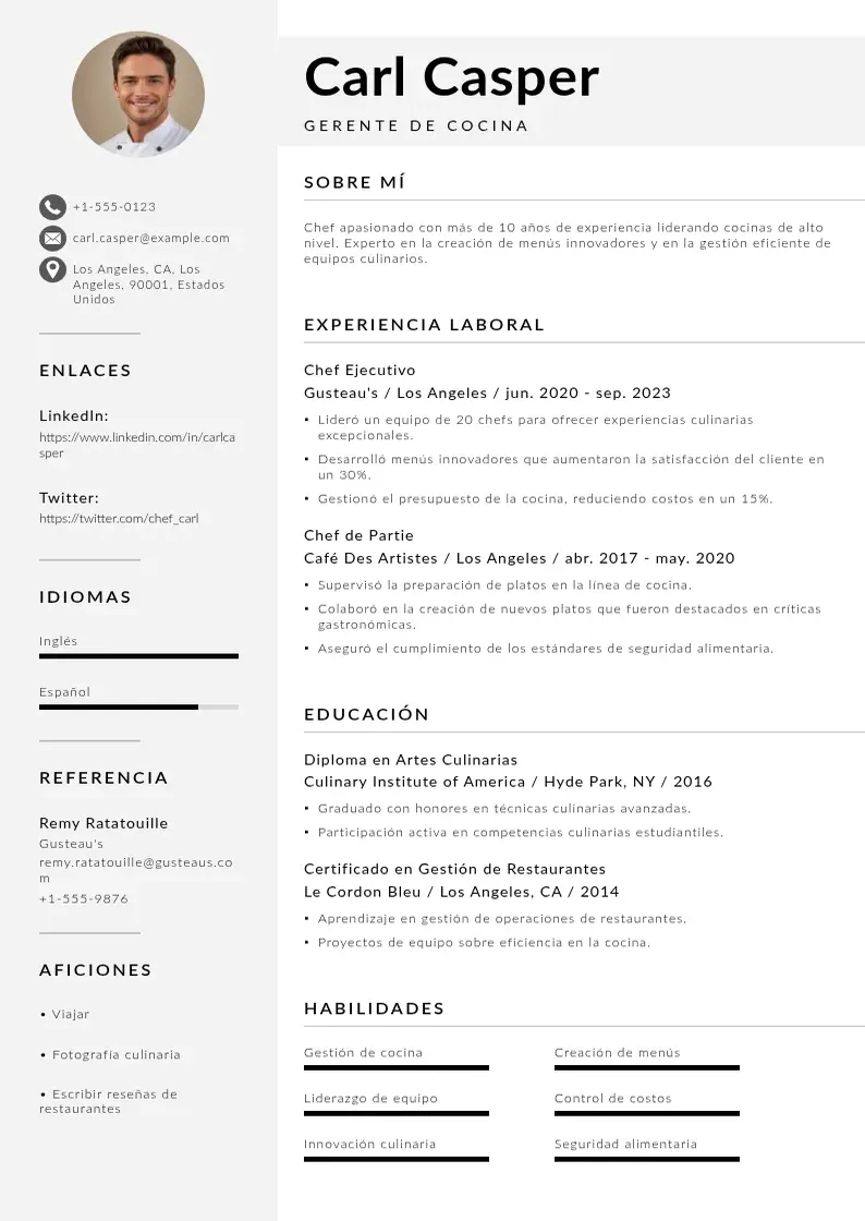 two column gerente-de-cocina resume example