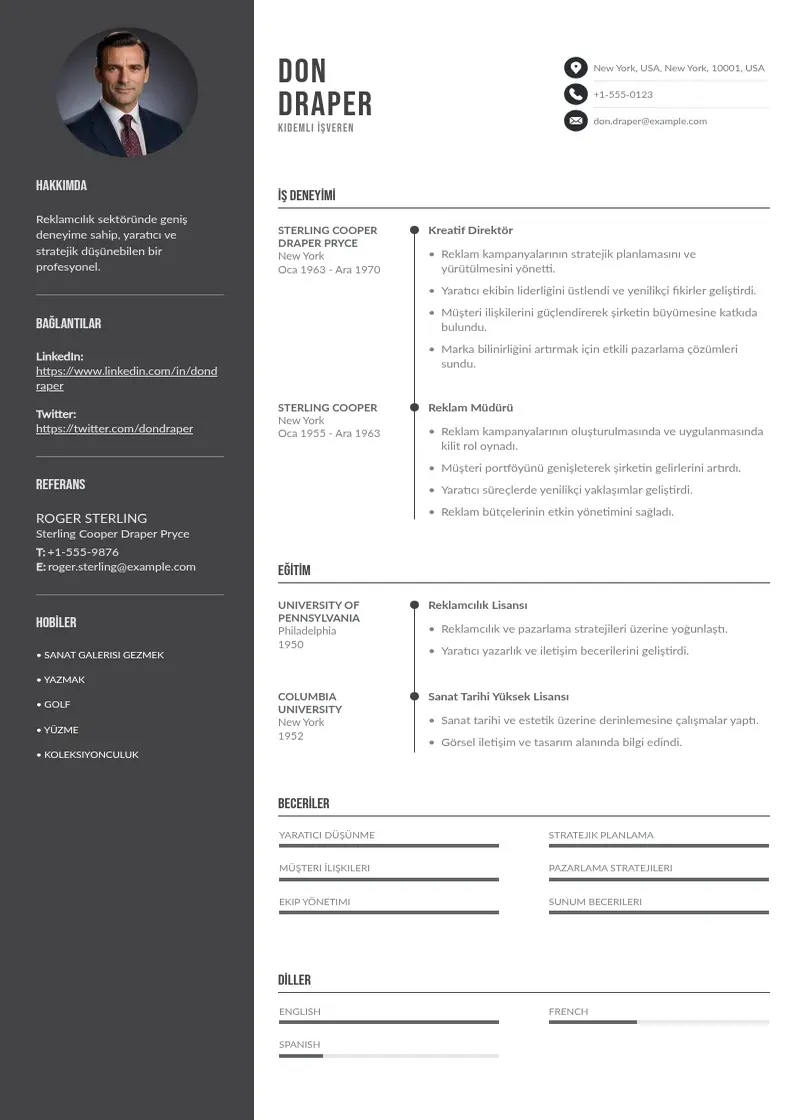 Divu kolonnu Kıdemli İşveren  CV piemērs