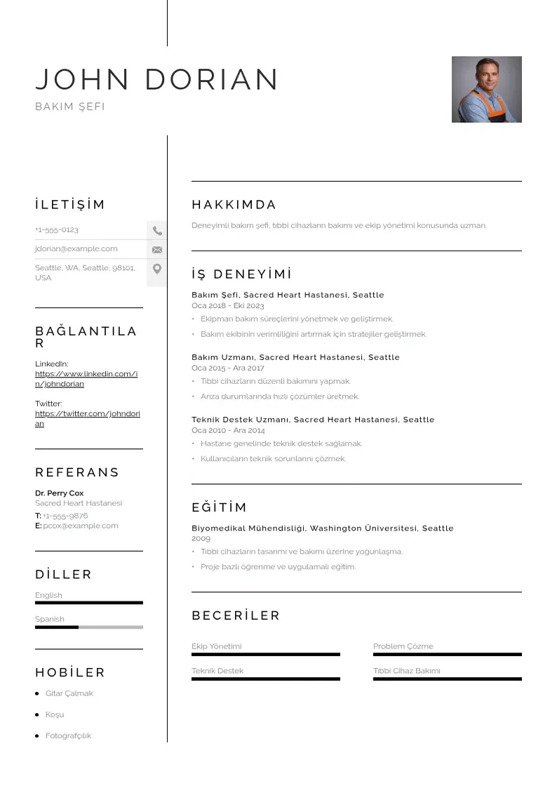 Vienkārša Bakım Şefi  CV piemērs