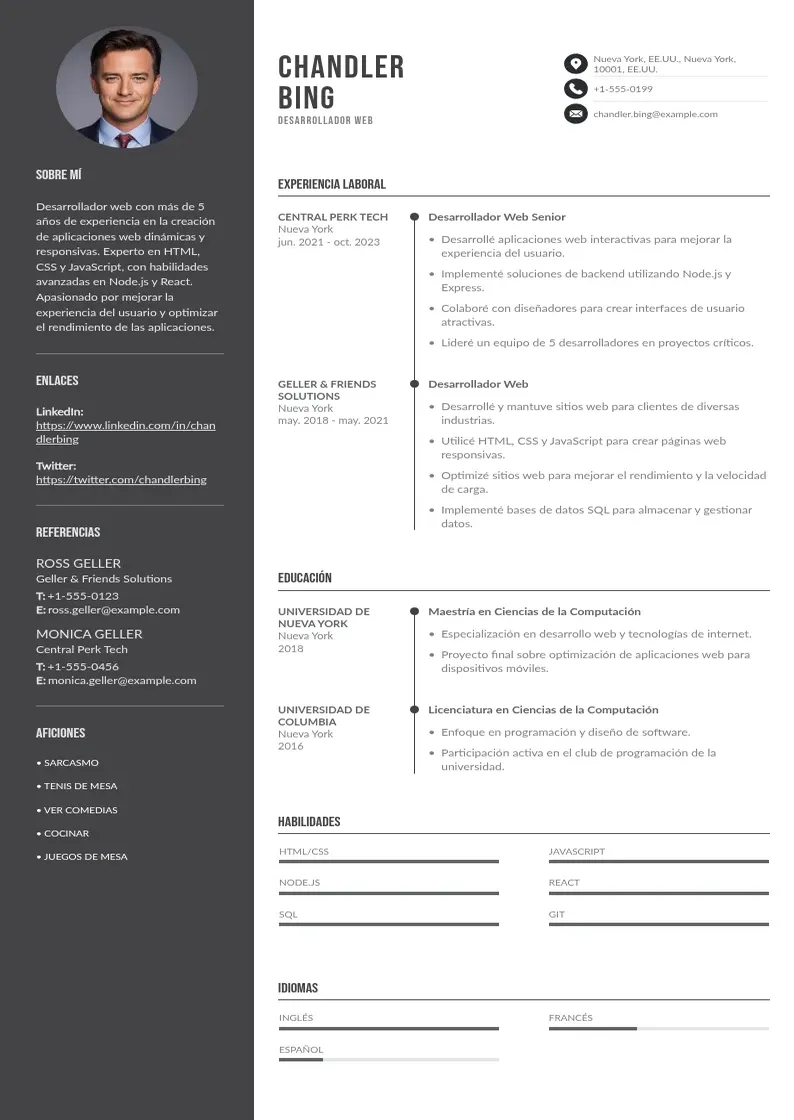 two column cv-desarrollador-web resume example