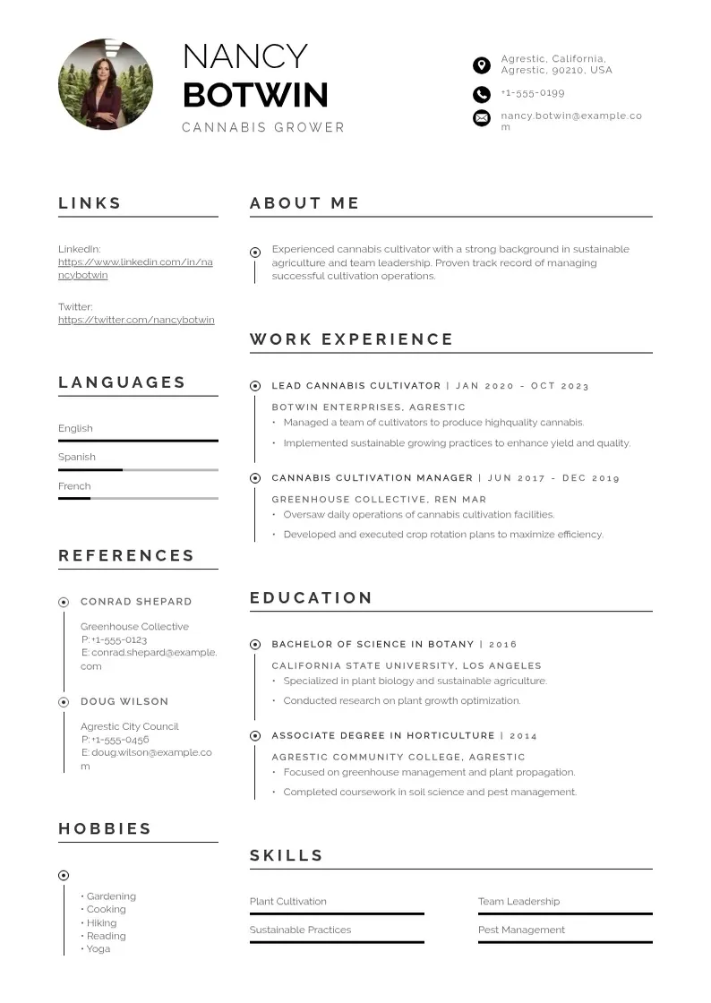 professional Cannabis grower resume resume template