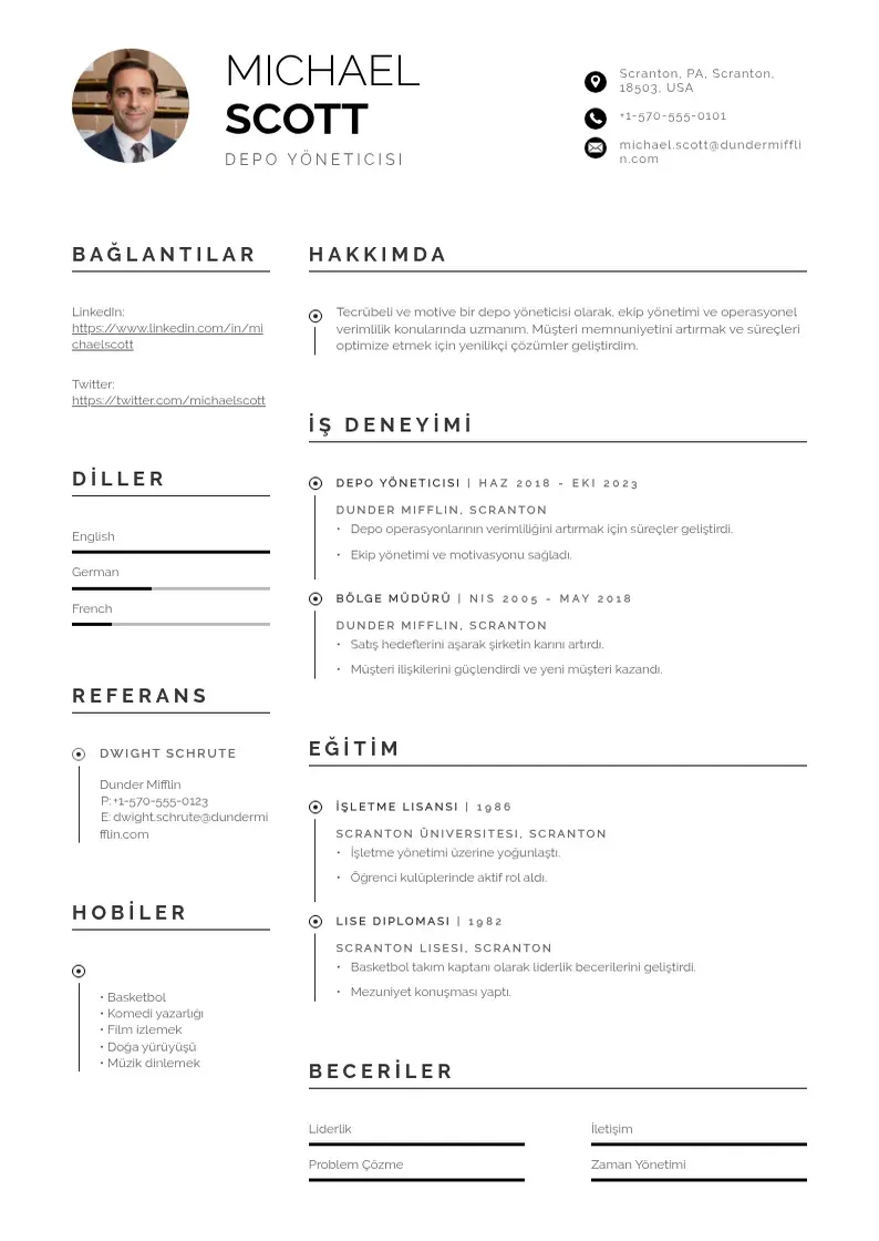 Profesionāla Depo yöneticisi  CV veidne