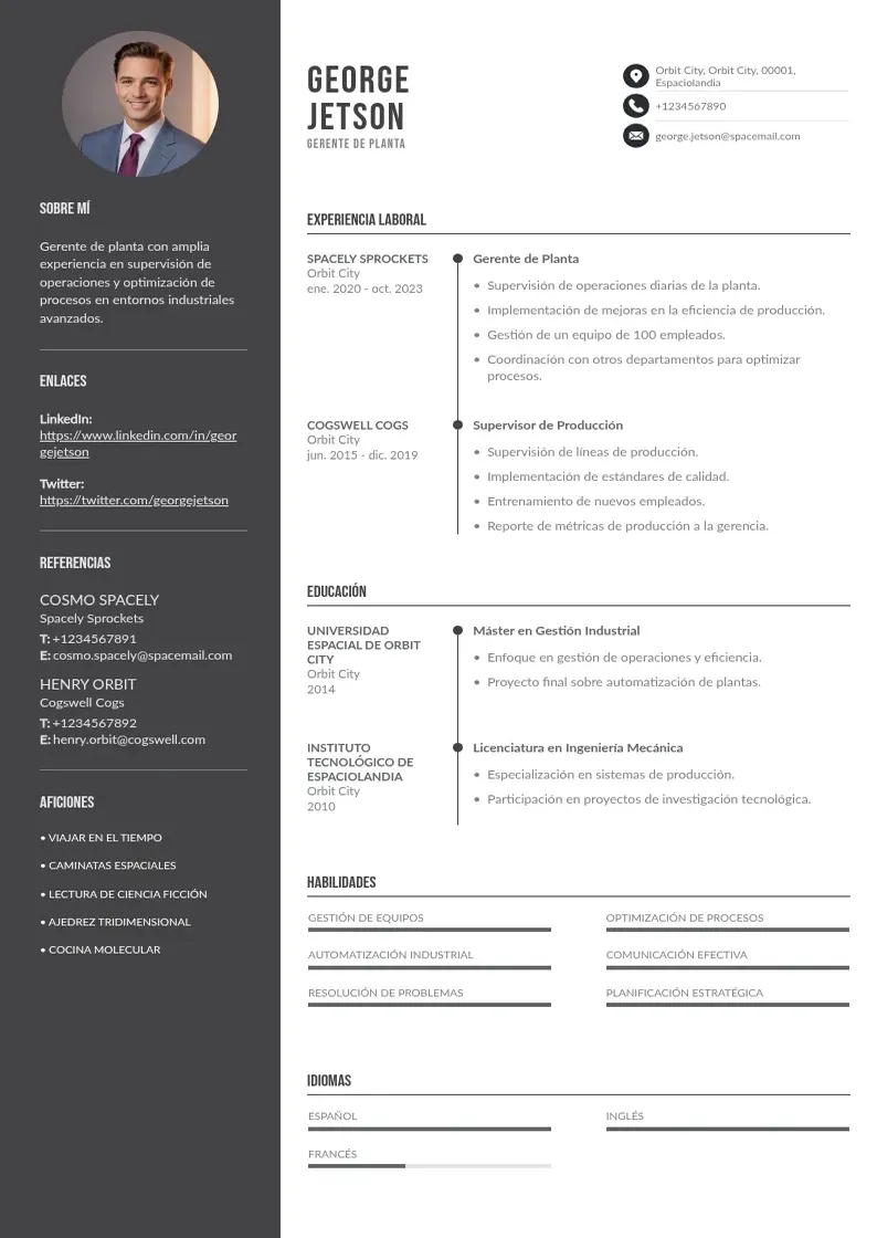 two column gerente-de-la-planta resume example