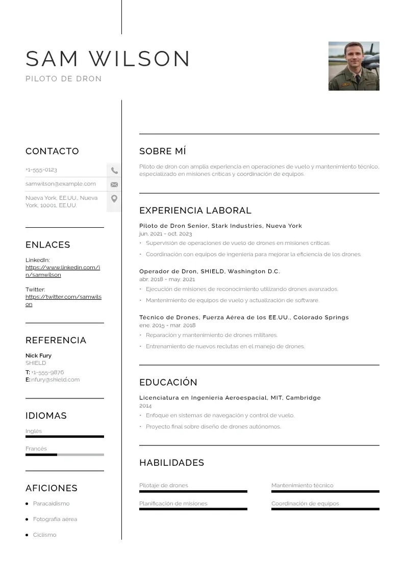 two column cv-de-piloto-de-dron resume example