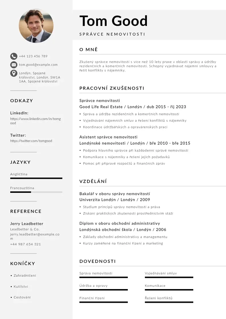 Mūsdienīga Zivotopis spravce nemovitosti CV veidne
