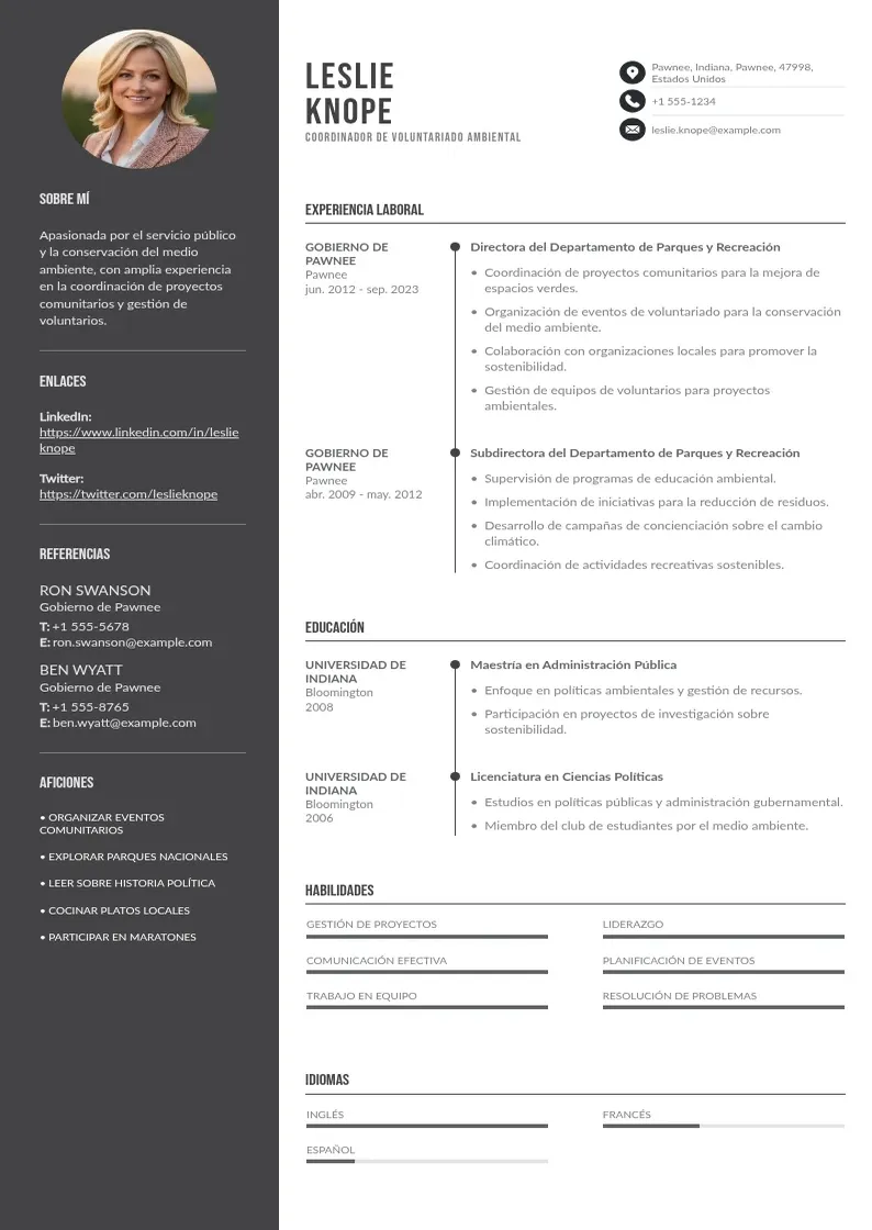 two column coordinador-de-voluntariado-ambiental resume example