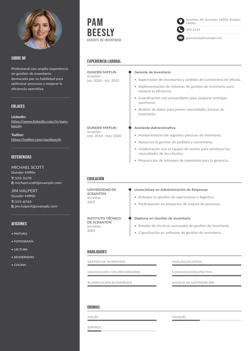 two column cv-gerente-de-inventario resume example