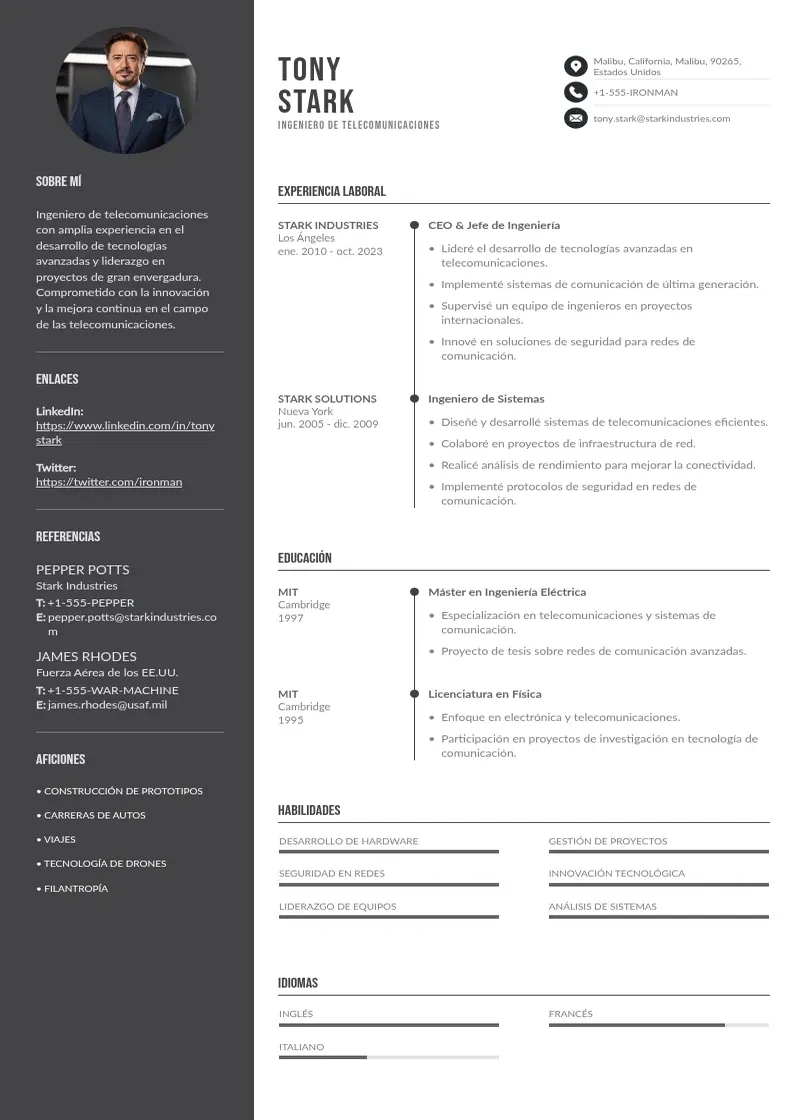 two column curriculum-ingeniero-telecomunicaciones resume example