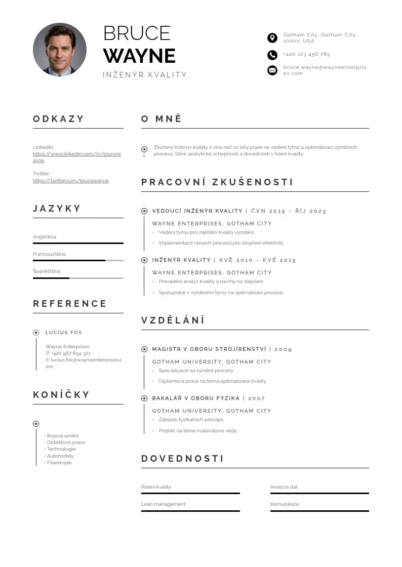Profesionāla Inzenyr kvality zivotopis CV veidne