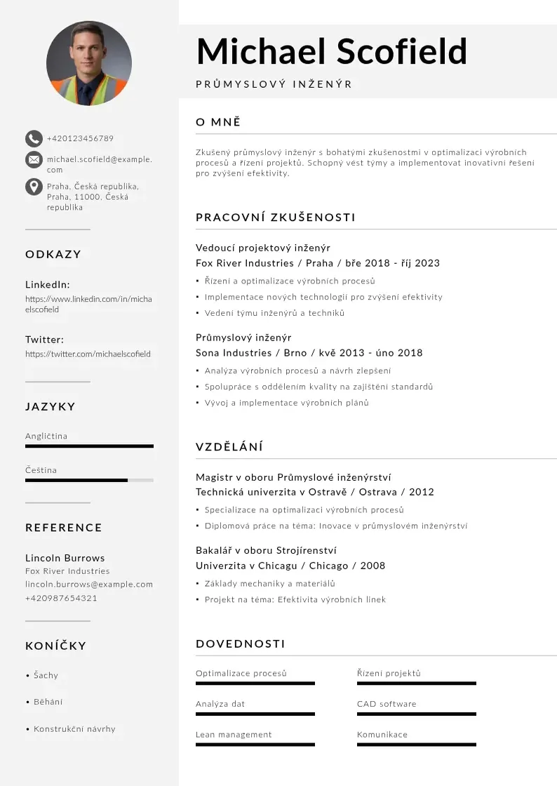 Mūsdienīga Zivotopis prumysloveho inzenyra CV veidne
