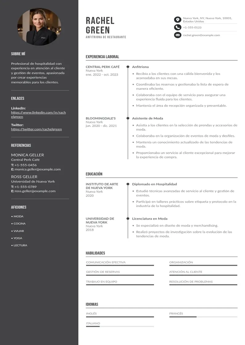 two column cv-anfitriona-de-restaurante resume example