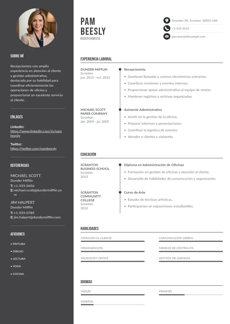 two column curriculum-de-recepcionista resume example