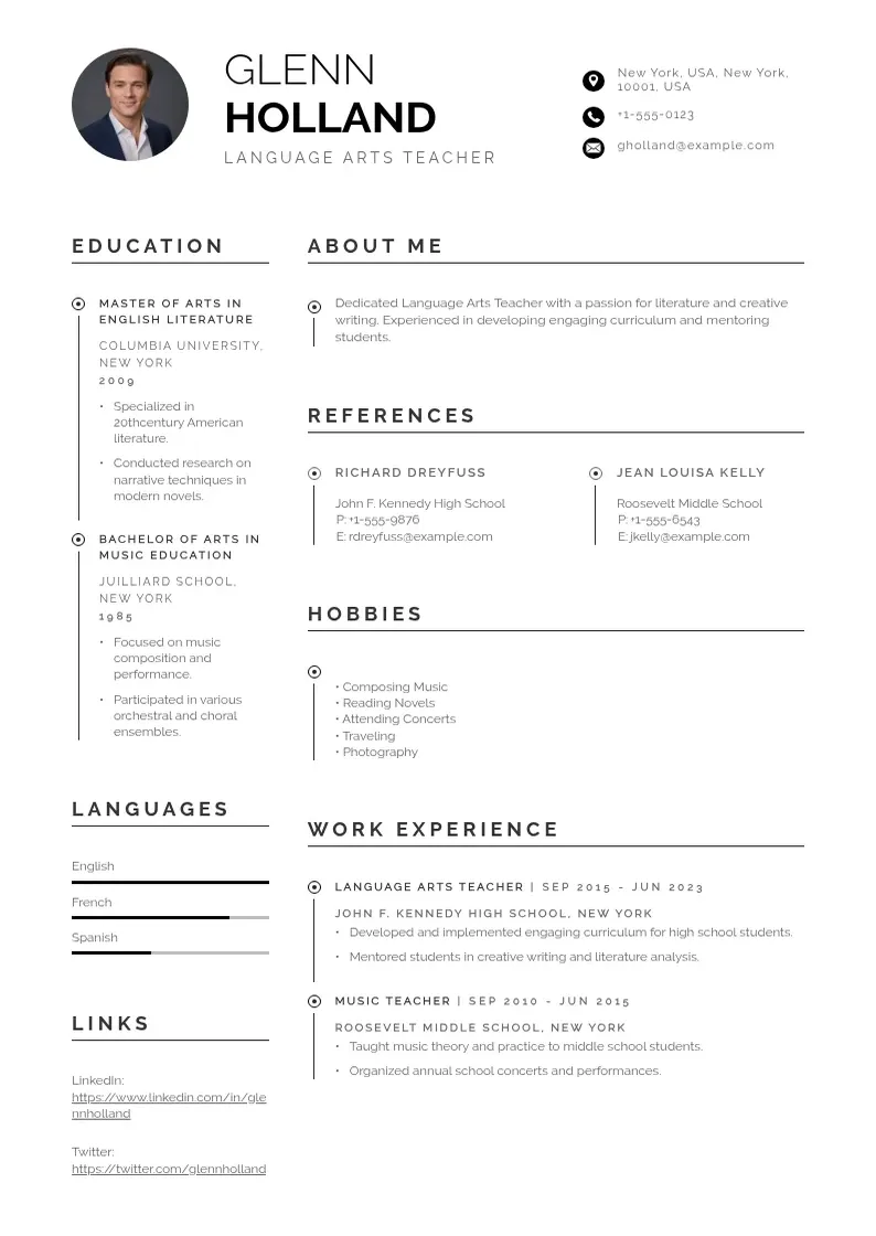 professional Language arts teacher resume resume template