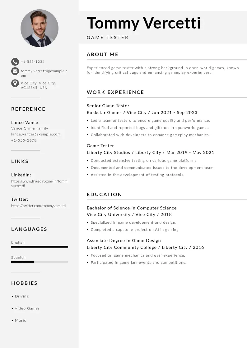 modern Game tester resume resume template